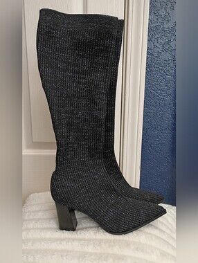 Ribbed Sparkle Mid-Calf Heeled Boots in Black